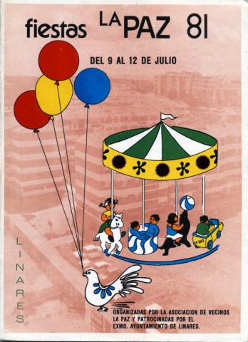 En 1981 la Barriada de la Paz cuenta con ms de cinco mil vecinos y no es de extraar que, como en aos anteriores, la asistencia de linarenses fuera alta. Nuevamente se le otorga el ttulo de Presidente del Comit de Honor al Gobernador Civil de Jan, Antonio Ortega, acompaado de otras autoridades provinciales. El pregn este ao lo realiz Alfonso Siles, quien analiz la historia de la barriada y de sus gentes. Y por iniciativa del coordinador de la Comisin de Cultura, Arte y Recreo, Juan Hurtado Guzmn, se aade un broche especial al programa de fiestas, al conseguir del poeta linarense Jos Jurado Morales la realizacin del prologo del programa de mano. En sus palabras hace una sentida apologa de la Paz, en conexin con el nombre de la Barriada. La imagen elegida para representar el programa de mano fue nuevamente la Paloma de La Paz, esta vez sosteniendo en su pico cuatro globos de colores, mientras a su lado se representa un tiovivo infantil. Esta misma idea aparece en los carteles de feria de San Agustn de los aos 1963 y 2000. 