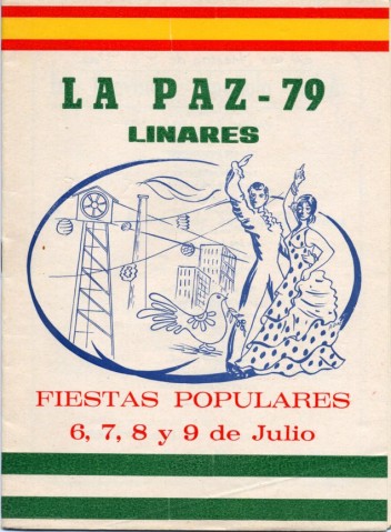 Para 1979 la ya populosa y bella barriada La Paz, con la experiencia y xito del ao anterior, prepar unas magnficas fiestas. La Comisin de Festejos formada por Miguel Hernndez Gmez, presidente de la comisin e Hilario Hidalgo Gmez, secretario, entre otros, trabaj sin descanso para dotar a su barriada de unas extraordinarias fiestas que mitigaran las duras jornadas laborales del verano linarense. La celebracin se prolong por cuatro das, del 6 al 9 de julio, y se sumaron nuevos actos, tales como el Homenaje a los Ancianos del Asilo. La portada del programa retoma del ao anterior la paloma y los bloques, y aade la torre de una mina, una cabria y los farolillos que, suspendidos en el aire, acompaan a una pareja ataviada con trajes flamencos. Todo ello flanqueado por las banderas de Andaluca y Espaa. Se desconoce la procedencia del dibujo. Probablemente fuera el mismo Pedro Daz, autor de la portada del ao anterior y ganador del Concurso de Carteles de la Feria de San Agustn en los aos 1974, 1978 y 2000.