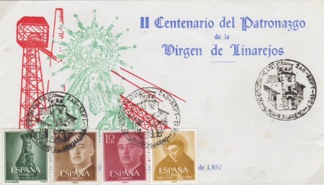 El 2 al 6 de septiembre de 1957 se estamp por primera vez el matasellos especial conmemorativo concedido al Crculo Filatlico y Numismtico de Linares, con motivo de la celebracin de la segunda exposicin filatlica en homenaje al II centenario del patronazgo de la Virgen de Linarejos. La exposicin se ubic en los antiguos grupos escolares del paseo de Linarejos, ya desaparecido. En el matasellos se representa la fachada principal del famoso edificio de la calle Rosario que actualmente alberga el Museo Arqueolgico de Linares. 