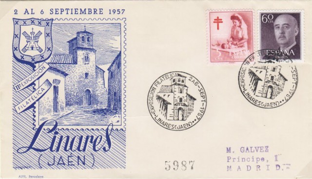 1957. Matasellos de la segunda exposicin filatlica en homenaje al II centenario del patronazgo de la Virgen de Linarejos realizado por la prestigiosa Filatelia ALFIL de Barcelona. ste fue el primer matasellos conmemorativo de la provincia de Jan y con l arrancan todos los que hasta ahora se han venido concediendo para exposiciones y conmemoraciones especiales.