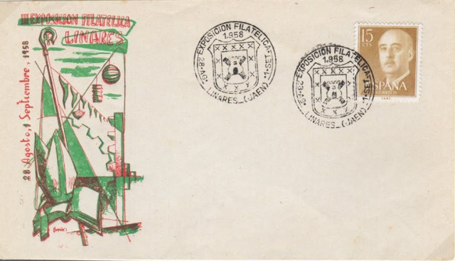 Con motivo de la celebracin de su tercera exposicin filatlica, celebrada del 28 de agosto al 1 de septiembre de 1958, se concede al Crculo Filatlico y Numismtico el segundo matasellos especial conmemorativo. El sobre fue ilustrado por el gran pintor linarense Francisco Baos. En el matasellos se representa un singular escudo de la ciudad de Linares.