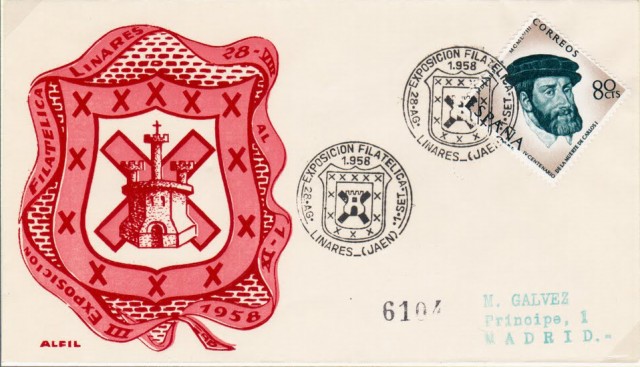 En 1958 el Crculo Filatlico y Numismtico realiza el segundo matasellos conmemorativo. La imagen muestra un sobre conmemorativo realizado por la empresa filatlica 'ALFIL' de Barcelona. En el mismo se representaba un escudo de Linares que no se parece en nada al actual utilizado oficialmente por el Ayuntamiento, al carecer, entre otros elementos, de una Corona Real Abierta.