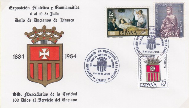 En 1984 se conmemoraban los 100 aos al servicio de los ancianos y ancianas, por parte de las Hermanas Mercedarias de la Caridad. Por ello, del 6 al 10 de julio se organiza una exposicin filatlica, numismtica y de loterofilia. Para encumbrar tal hecho y dejar impronta filatlica, las Hermanas Mercedarias de la Caridad solicitaron un matasellos a la Direccin General de Correos y Telecomunicaciones de Madrid. El matasellos tena un carcter local.