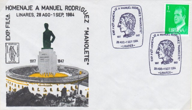 En 1984 se realiza la Exposicin Filatelia, Numismtica, Loterofilia, Vitolfilia y Literatura. La temtica escogida fue la tauromaquia. El matasellos funcion en una oficina temporal de Correos. El matasellos fue concedido por la Direccin General de Correos y Telecomunicaciones de Madrid al Crculo Filatlico y Numismtico de Linares. La exposicin fue de carcter regional. Modelo de sobre n 2. (Segunda tirada), con matasellos en tinta negra de la marca Pelikan.