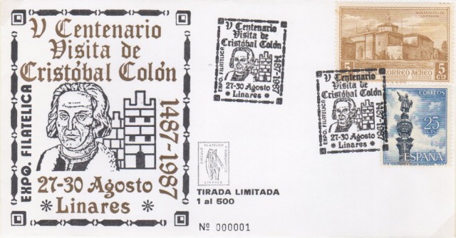 En 1987 el Crculo Filatlico y Numismtico de Linares liga nuestra ciudad a Cristbal Coln al conmemorar el quinto centenario de la visita del descubridor de Amrica a Linares. Hecho desconocido para muchos linarenses. El Ministerio de Transportes y Comunicaciones concedi este matasellos especial. Se pudo utilizar en la oficina temporal de Correos instalada en la exposicin. El primer sobre se matasell al alcalde por parte del Jefe Provincial de Comunicaciones. Sobre conmemorativo del V centenario de la visita de Cristbal Coln a Linares. Del 27 al 20 de agosto de 1987.