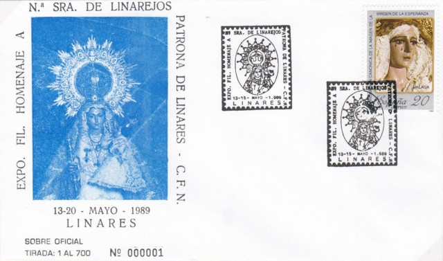 Como previo a la feria de 1989 el Crculo Filatlico y Numismtico ofreci un homenaje filatlico a Nuestra Seora de Linarejos. En la imagen, el sobre realizado para tal fin. 