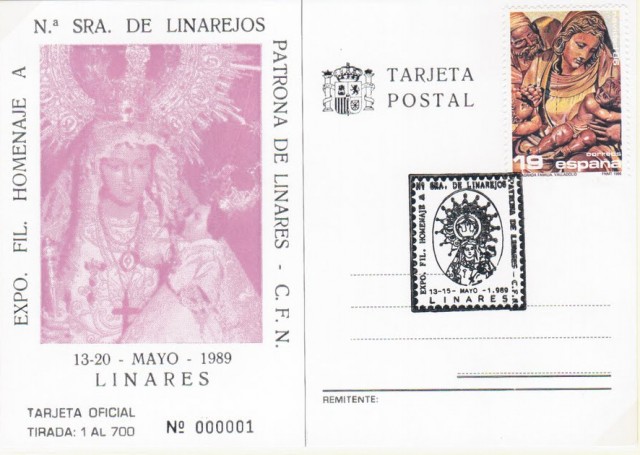 Del 13 al 20 de mayo de 1989 se emiti este matasellos homenaje a Nuestra Seora de Linarejos, patrona de Linares. En la imagen, la tarjeta postal. Tirada numerada en 700 ejemplares.