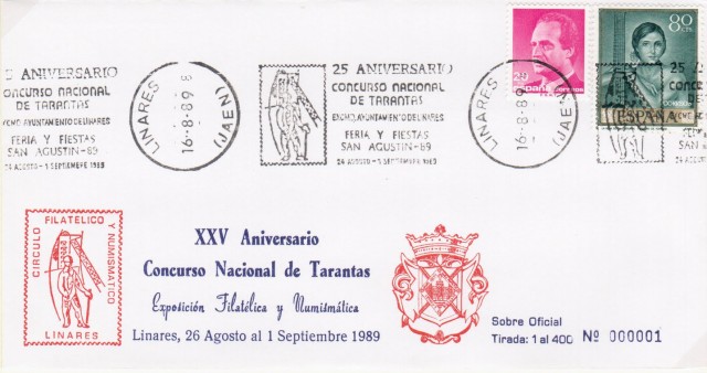 Con motivo del XXV aniversario del Concurso Nacional de Tarantas Mineras de Linares, el Crculo Filatlico y Numismtico solicit un rodillo de propaganda conmemorativo. Del 26 de agosto al 1 de septiembre de 1989 se reunieron coleccionistas llegados de toda Andaluca. Del sobre oficial se hizo una tirada numerada en 400 ejemplares.