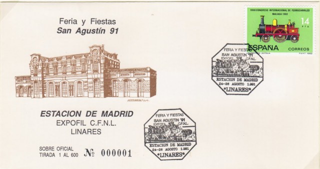 En 1991 el Crculo Filatlico y Numismtico de Linares cumple 15 aos. Para festejar dicho acontecimiento la asociacin filatlica realiza su exposicin por primera vez en la estacin de Madrid. Este mismo ao adquiere el rango de exposicin nacional al contar con expositores de fuera de Andaluca. El matasellos que vemos en el sobre rinde homenaje al edificio modernista que lo alberga, construido en 1928.
