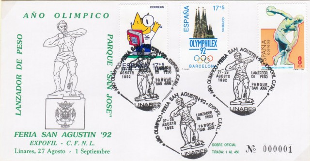 En 1992 se conmemoraba el 500 aniversario del descubrimiento de Amrica. La EXPO 92 de Sevilla y las Olimpiadas de Barcelona son un ejemplo de las celebraciones de esta efemride. Este ltimo tema, el deportivo, fue el que se utiliz como matasellos en la exposicin del Crculo Filatlico y Numismtico de Linares. Con ella se rinde homenaje a la XXV Olimpiada celebrada en la ciudad condal. Sobre realizado ese ao.