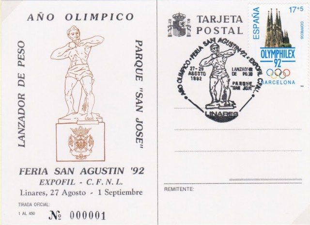 Para el matasellos de 1992, en el que se conmemoraba el ao olmpico, se escoge una obra del escultor malagueo Francisco Palma Burgos: Monumento al Atleta, realizada en 1954 y emplazada a la entrada del Parque de Deportes de San Jos. Dicha obra a da de hoy se encuentra en un estado de abandono que hace peligrar su conservacin. Tarjeta postal.
