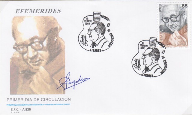 Para la obtencin del sell, que conmemora el centenario del nacimiento de Andrs Segovia, se necesitaron cinco aos de duro trabajo por parte del Circulo Numismtico y Filatlico de Linares. Para la obtencin de este sello fue necesario contar con el beneplcito de los ministerios de Hacienda y de Obras Pblicas y Transportes. El sobre que aparece es el firmado el primer da de circulacin por el autor del sello Pablo Sampedro, grabador de la Fbrica Nacional de Moneda y Timbre.