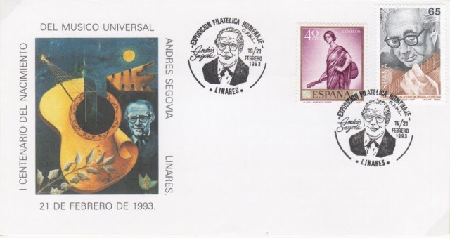 En 1993 se celebra el centenario del nacimiento del ilustre guitarrista linarense Andrs Segovia Torres. Desde la filatelia se le rinde diversos homenajes, entre ellos la edicin de sellos conmemorativos, emitidos en Barcelona, Madrid, Salobrea y en Linares. En ellos se homenajeaba a la guitarra y al ilustre msico. Sobre conteniendo el matasellos conmemorativo utilizado con motivo de la exposicin filatlica en homenaje al nacimiento de Andrs Segovia.