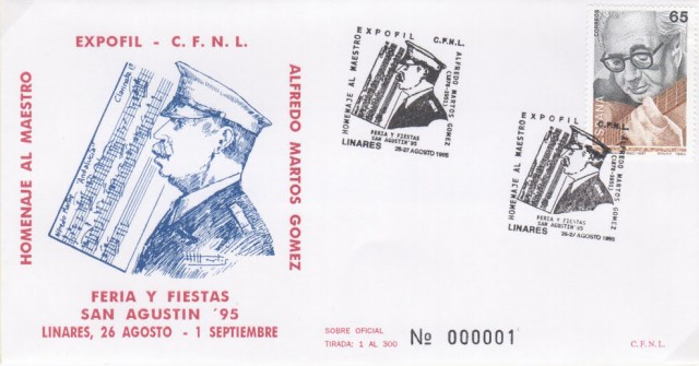 En 1985 se realiza la exposicin filatlica y numismtica Homenaje al maestro Alfredo Martos. Nuevamente el lugar de exposicin es la Casa Municipal de la Cultura. El matasellos realizado para la ocasin recoge el perfil del que fuera maestro y director de la Banda de Msica de Linares. Nueve aos despus, en 1994, se funda la Agrupacin Cultural y Musical Maestro Alfredo Martos'.