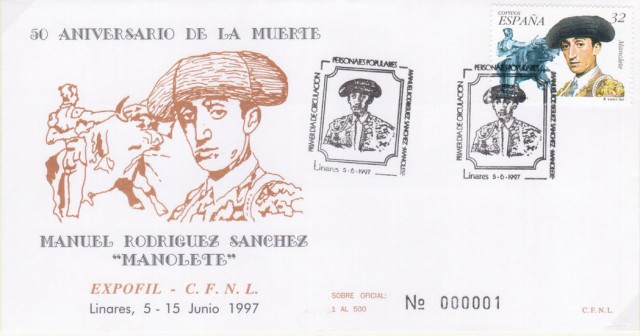 El sello tenia un valor de 32 pts., que equivala a tarifa interurbana, y se incluy en la serie de Personajes populares. El Circulo Filatlico de Linares pens que con la emisin de este sello se difundira al mximo la figura del torero Manolete. Tarjeta Postal, pase en redondo mirando al tendido, muy tpico de (Manolete).