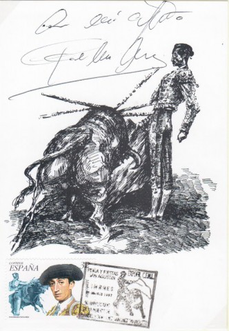 El sello tena un valor de 32 pts., que equivala a tarifa interurbana, y se incluy en la serie de Personajes populares. El Circulo Filatlico de Linares pens que con la emisin de este sello se difundira al mximo la figura del torero Manolete. Tarjeta Postal, pase en redondo mirando al tendido, muy tpico de Manolete.