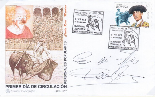 En 1997 se conmemoraba el 50 aniversario de la muerte de Manolete. El recuerdo de la tragedia se reflej en la Feria de San Agustn. El Circulo Filatlico de Linares solicita por segunda vez un sello conmemorativo y realiza una exposicin especfica para feria. Sobre firmado por el gran torero linarense Sebastin Palomo Linares.