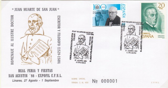 En 1998 el matasellos especial conmemorativo concedido por el Ministerio de Fomento a travs de la Direccin General de Correos y Telgrafos de Madrid al Crculo Filatlico y Numismtico de Linares llevaba la efigie del doctor Huarte de San Juan. El dibujo fue realizado por el artista linarense Miguel ngel Salas Reche, que dise el matasellos de la exposicin de 1997 con motivo del 50 aniversario de la muerte de Manolete. Imagen sobre conmemorativo.