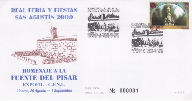 El Crculo Filatlico y Numismtico de Linares con motivo de la exposicin para la Real Feria de Linares en el ao 2000, quiso homenajear a uno de los monumentos ms emblemticos de la ciudad, la Fuente del Pisar. El matasellos reproduce una imagen de la fuente en la que vemos a un grupo de personas y animales alrededor. En su reverso figuraba la leyenda: Todo aquel que bebe agua de esta fuente el pisar olvida a su padre y a su madre, y a su tierra no va ms. Imagen sobre conmemorativo.