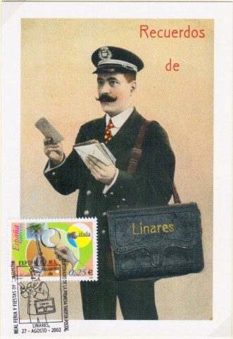 La imagen postal utilizada en 2002 reproduce una anterior, que segn Ramn Soler Belda, se edit en 1913. En ellas aparece la imagen de un cartero al cual se le puede abrir la cartera y se despliega una tira de varias imgenes. La seria se llam 'Recuerdos de' y el nombre de la ciudad en la cartera. Con esta tarjeta postal el Crculo Filatlico y Numismtico de Linares rinde homenaje al centenario de la primera tarjeta postal de Linares. Imagen tarjeta postal conmemorativa.