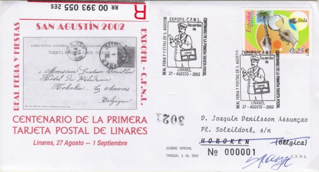 En 2002 se cumple el centenario de la primera tarjeta postal que circul de Linares a Hoboken en Blgica en 1902. Cien aos despus se envi una postal a la misma direccin y pas anteriormente citado. El Crculo Filatlico y Numismtico de Linares presenta un matasellos especial conmemorativo, concedido por el Ministerio de Fomento, a travs de la Sociedad Estatal Correos y Telgrafos, en el que aparece la figura de un simptico cartero de la serie de postales 'Recuerdos de Linares'. Imagen sobre conmemorativo.