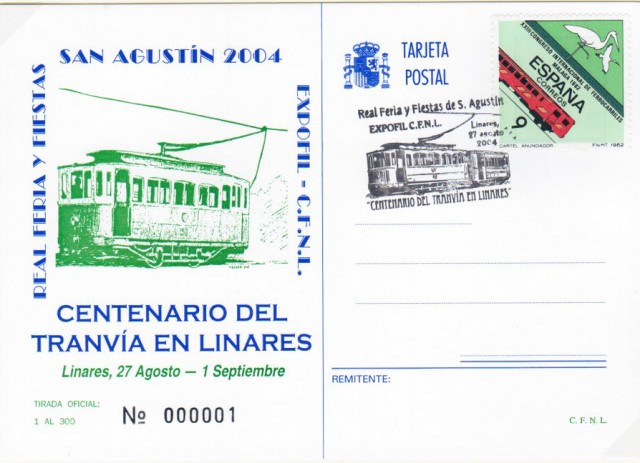 Otro aniversario que se cumple en este ao 2004 son las bodas de porcelana del Crculo Filatlico y Numismtico Linares y su Exposicin con motivo de la Feria de San Agustn. En 1984 fue cuando por primera vez se realiz un matasellos dedicado a la figura del torero Manuel Rodrguez Snchez Manolete dentro del marco festivo de nuestra feria. Imagen tarjeta postal conmemorativa. 