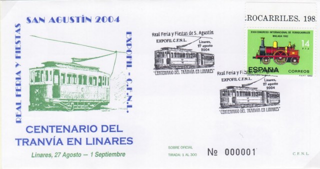Tras la autorizacin del Gobernador Civil de Jan, el lunes 1 de agosto de 1904, empiezan a funcionar los tranvas elctricos en Linares. Por este motivo, la Exposicin Filatlica y Numismtica de este ao cont con el asesoramiento de personas amantes de los tranvas linarenses. Fueron Eusebio Gascn y Ramn Soler, entre otros, quienes facilitaron planos, acciones, fotografas y dems documentos curiosos, sobre el tranva de Linares. Imagen sobre conmemorativo. 