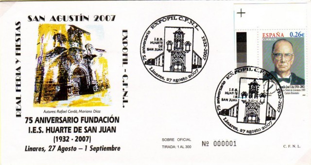 Sobre del 75 aniversario de la fundacin del Instituto de Educacin Secundaria Huarte de San Juan. 27 de agosto de 1 de septiembre de 2007. Matasellos que representa la fachada del antiguo instituto sito en la calle Pontn, hoy Juzgados de Primera Instancia, mezclado con la fachada del edificio en su actual ubicacin calle Rector Muoz Fernndez.