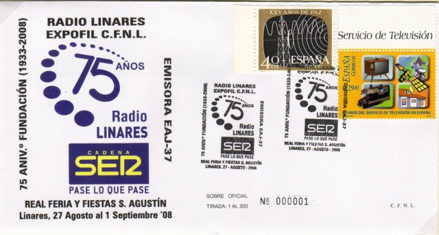 Sobre del 75 aniversario de la fundacin de la emisora EAJ-3, Radio Linares de la Cadena SER. 27 de agosto al 1 de septiembre de 2008. El matasellos representa el logotipo utilizado para conmemorar la citada efemride.
