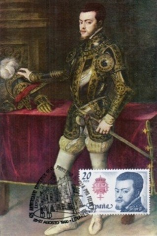 En la exposicin de 1990 se utiliz el retrato de Felipe II pintado por Tiziano, en Augsburgo. Posteriormente fue enviado a Inglaterra durante las negociaciones para el matrimonio con Mara Tudor. El original se encuentra en el Museo de El Prado de Madrid. Se adquirieron 600 tarjetas postales numeradas al dorso para su matasellado y posterior venta.