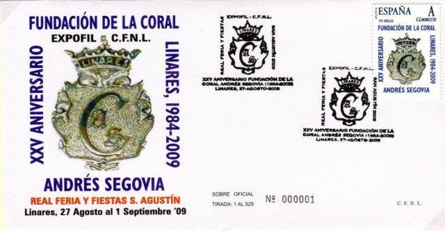 Sobre del 25 aniversario de la fundacin de la coral Andrs Segovia de Linares. Del 27 de agosto al 1 de septiembre de 2009. El matasellos representa el escudo de la prestigiosa coral. Tambin se edit un sello personalizado con el citado escudo de la emisin `Tu Sello, que figura en el sobre y tarjeta.
