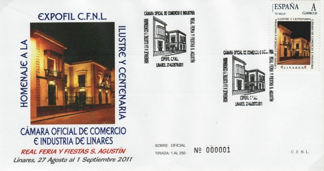 Sobre del centenario de la fundacin de la Cmara de Comercio e Industria de Linares el 29 de junio de 1911. En el matasellos aparece la fachada principal de su sede: un edificio, estilo palacete construido con materiales nobles y forja de hierro en 1892. Fue sede de las primeras oficinas mineras del Conde de Romanones. Se editaron tres sellos personalizados, con diferentes vistas del edificio, para tal efemride.