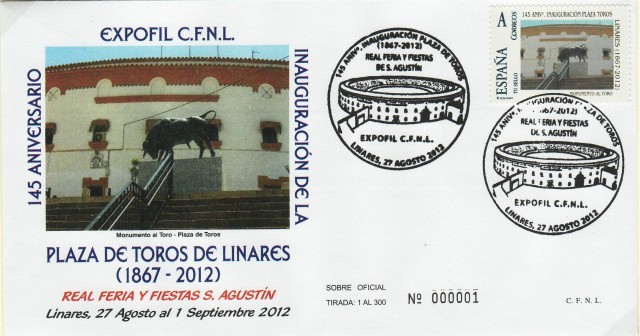Sobre del 145 aniversario de la inauguracin de la plaza de toros de Linares el 9 de junio de 1867 con motivo de las Fiestas en Honor a la Virgen de Linarejos, patrona de la ciudad. Por ella han desfilado todas las ms grandes figuras del toreo. Es famosa por la trgica cogida de Manuel Rodrguez Snchez Manolete, por parte del toro de la ganadera de Miura, Islero, en la tarde del 28 de agosto de 1947.