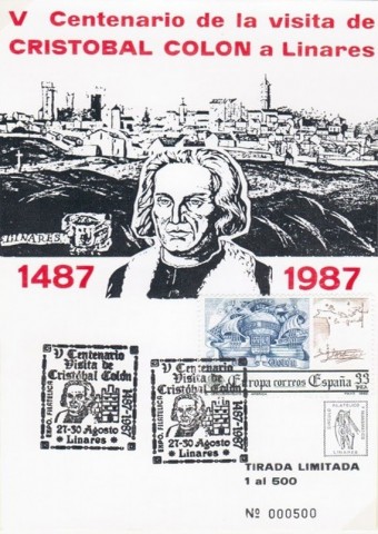 En 1987 la Exposicin Filatlica, Numismtica, Loteroflia, Vitofilia y Literatura incorpora como novedad la cartofolia y tarjetas postales, datadas entre 1901 a 1953. Tena carcter regional ya que participaban filatelistas venidos de todas las provincias de Andaluca. Tarjeta postal conmemorativa del V centenario de la visita de Cristbal Coln a Linares. Del 27 al 30 de agosto de 1987. Tirada numerada en 500 unidades.