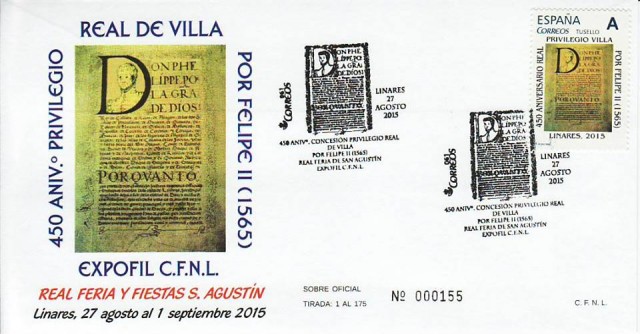 Con el objeto de conmemorar el Real Privilegio de 1565 por el que Felipe II concede la exencin jurisdiccional a Linares respecto a Baeza. Y en el marco de las actividades organizadas para este ao 2015 en torno al II Congreso de Historia de Linares, el Crculo Filatlico y Numismtico de Linares organiza en colaboracin con el Centro de Estudios Linarenses la tradicional Exposicin de Filatelia y Numismtica que acompaa a la Real Feria de Linares. Sobre conmemorativo. 